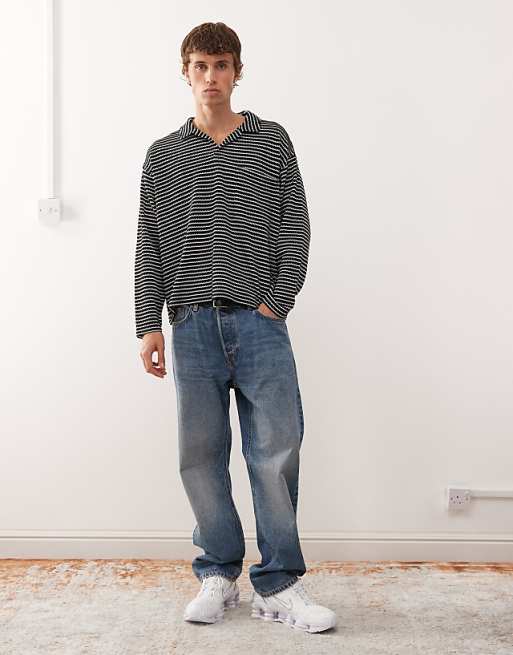 Reclaimed Vintage Textured Long Sleeve Polo Shirt In Black And White Stripe