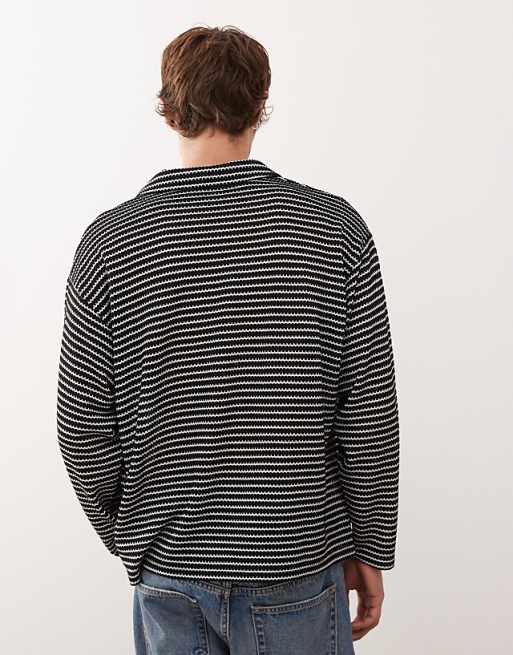 Reclaimed Vintage Textured Long Sleeve Polo Shirt In Black And White Stripe