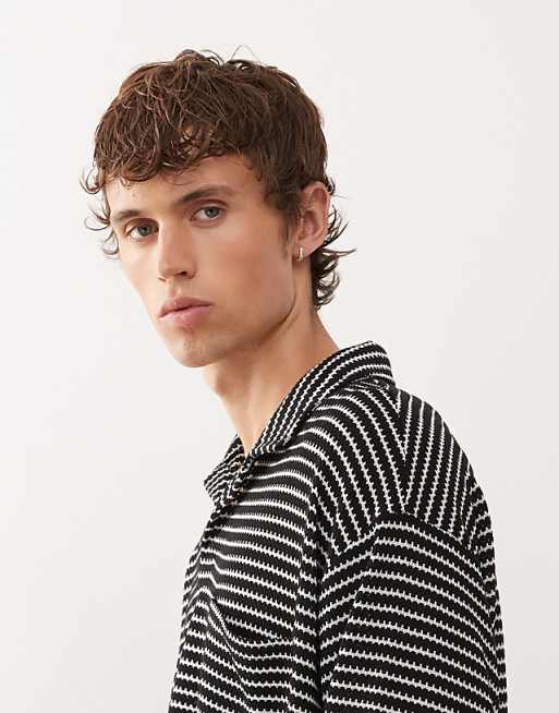 Reclaimed Vintage Textured Long Sleeve Polo Shirt In Black And White Stripe
