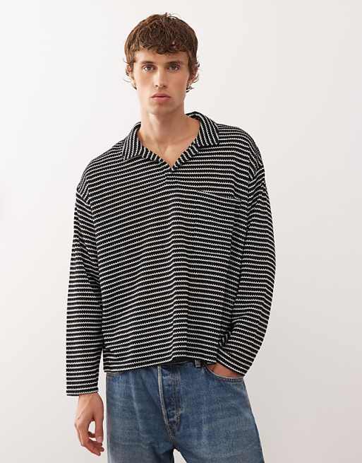 Reclaimed Vintage textured long sleeve polo shirt in black and white stripe