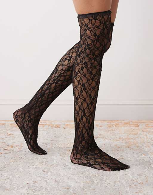 Reclaimed Vintage thigh high lace socks in black