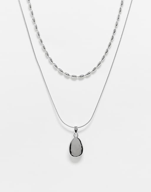 Reclaimed Vintage unisex 2 row necklace with faux stone pendant in grey