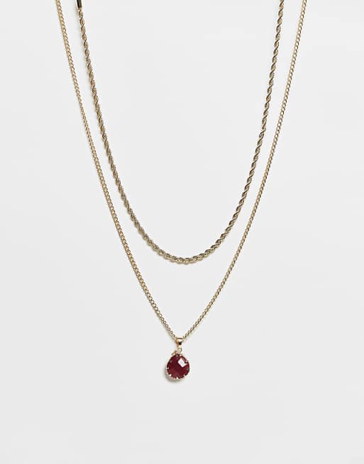 Reclaimed Vintage unisex 2 row necklace with faux red pendant in gold