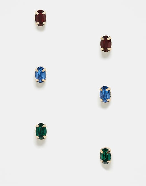 Reclaimed Vintage unisex 3 stud earring pack in blue red and green