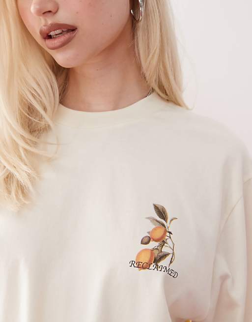 Reclaimed Vintage Unisex Boxy Cropped T-shirt With Back Fruit Print In Ecru