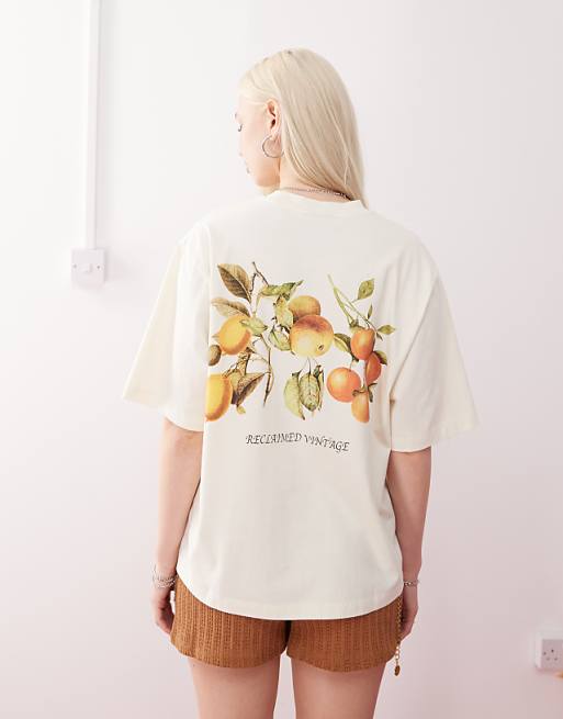 Reclaimed Vintage Unisex Boxy Cropped T-shirt With Back Fruit Print In Ecru