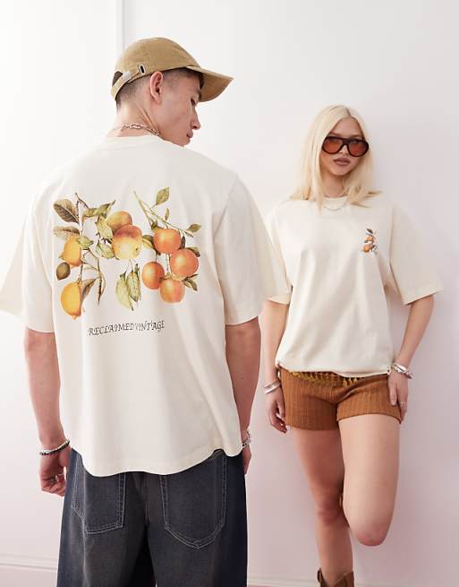 Reclaimed Vintage unisex boxy cropped t-shirt with back fruit print in ecru
