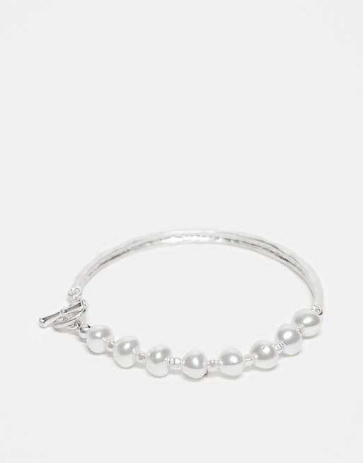 Reclaimed Vintage unisex chain pearl bangle in silver