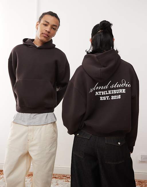 Reclaimed Vintage unisex cropped boxy logo hoodie in chocolate
