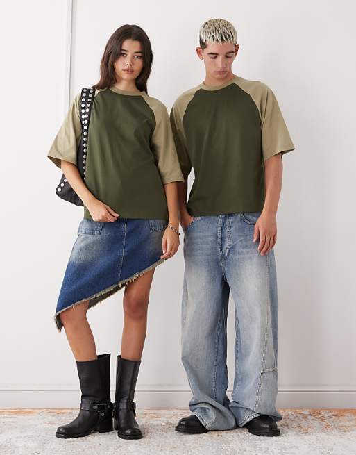 Reclaimed Vintage Unisex Cropped Boxy T-shirt With Raglan Detail In Khaki And Olive Green