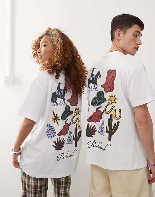 Reclaimed Vintage Unisex Cropped Boxy Western Cowboy Back Graphic Tee In White