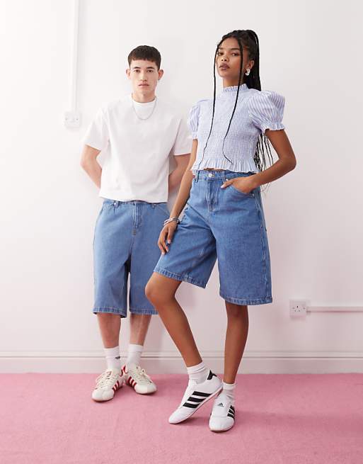 Reclaimed Vintage unisex denim jort in bleach wash