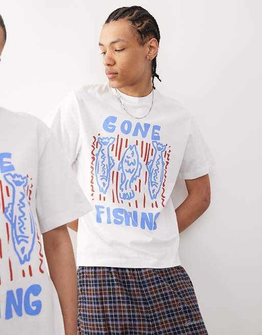 Reclaimed Vintage Unisex Fisherman Graphic T-shirt In White