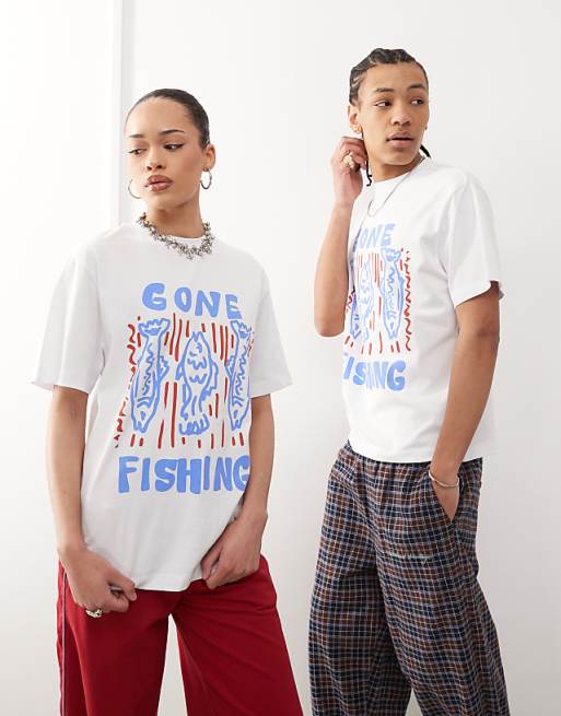 Reclaimed Vintage unisex fisherman graphic t-shirt in white