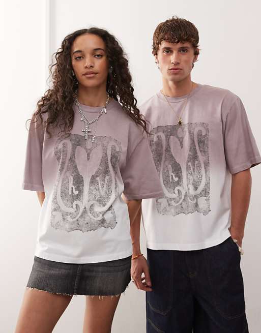 Reclaimed Vintage unisex graphic print cropped boxy t-shirt in dusty pink