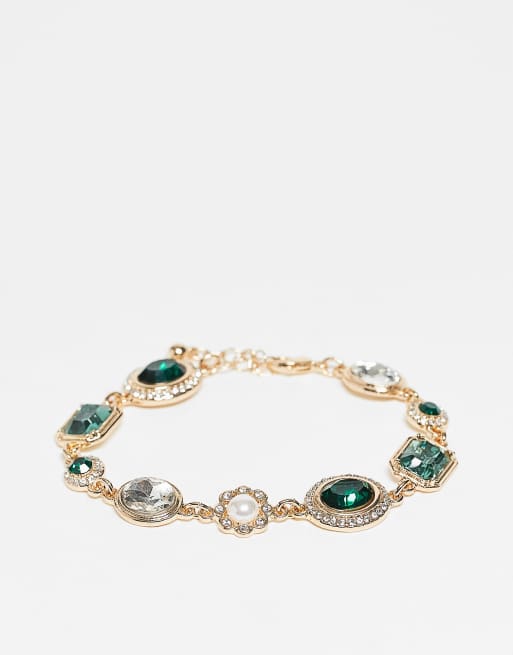Reclaimed Vintage Unisex Green Rhinestone Necklace And Bracelet Set In Gold