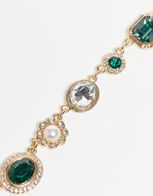Reclaimed Vintage unisex green rhinestone necklace and bracelet set in gold
