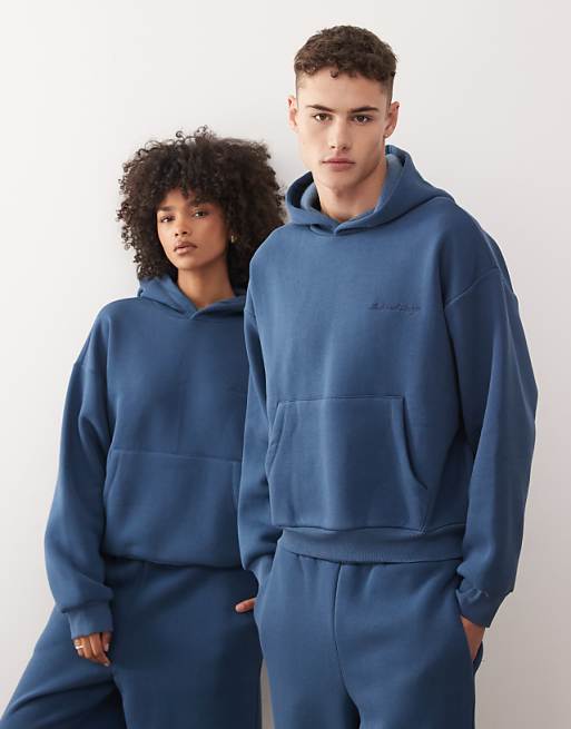 Reclaimed Vintage unisex heavyweight boxy hoodie co-ord in navy blue
