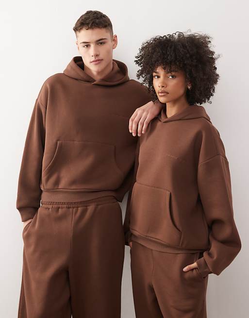 Reclaimed Vintage unisex heavyweight boxy hoodie co-ord in chocolate brown