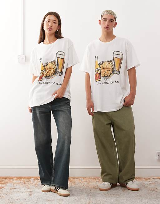 Reclaimed Vintage Unisex Oversized Tee With Drinks Graphic In White