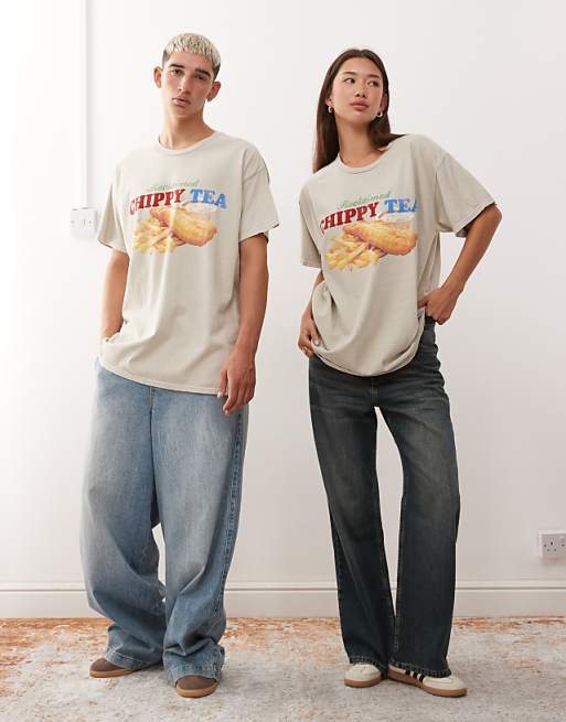 Reclaimed Vintage Unisex Oversized Tee With Food Graphic Print In Stone