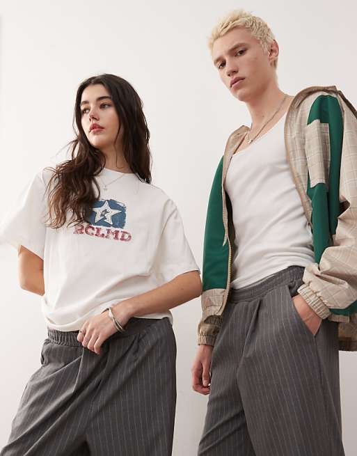 Reclaimed Vintage Unisex Pull On Wide Leg Pinstripe Trouser In Charcoal