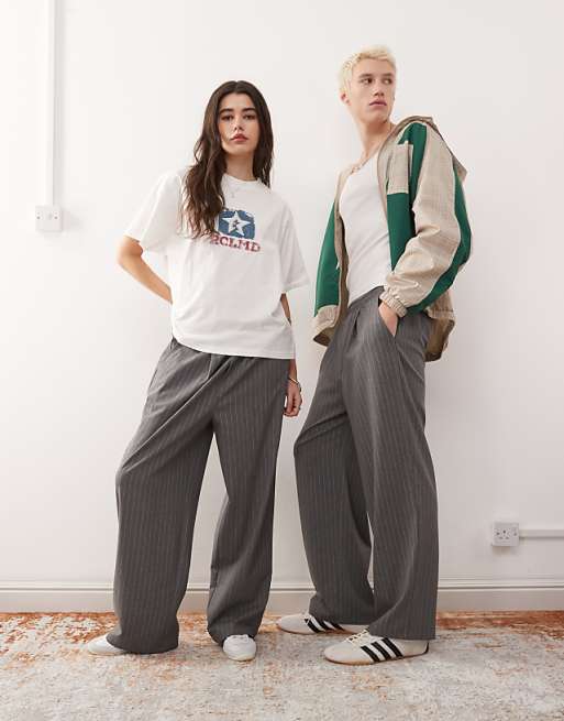 Reclaimed Vintage unisex pull on wide leg pinstripe trouser in charcoal