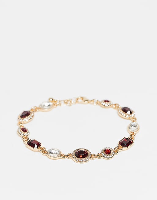 Reclaimed Vintage unisex red rhinestone chain bracelet in gold