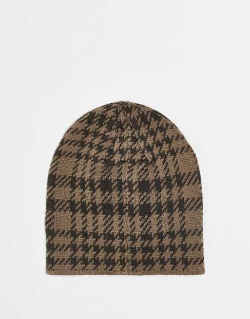 Reclaimed Vintage Unisex Skull Cap Beanie With Star And Branding In Brown Check