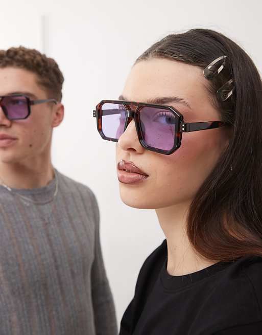 Reclaimed Vintage unisex square edge tortoiseshell aviator sunglasses with purple lense