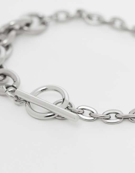 Reclaimed Vintage Unisex Stainless Steel Waterproof T Bar Molten Chain Bracelet In Silver
