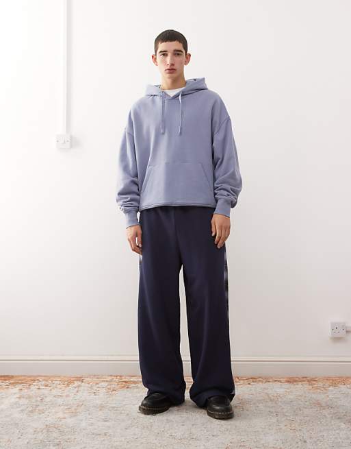 Reclaimed Vintage Wide Leg Joggers With Check Side Panel In Navy