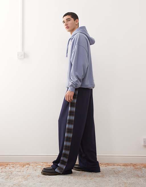 Reclaimed Vintage Wide Leg Joggers With Check Side Panel In Navy