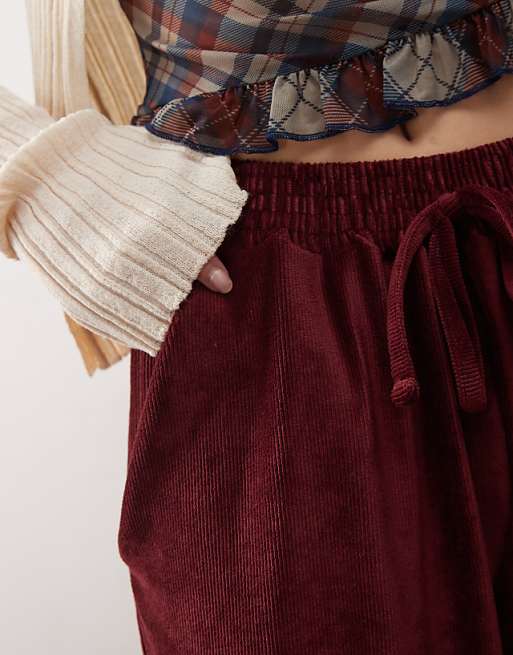 Reclaimed Vintage Wide Leg Ribbed Trouser In Burgundy