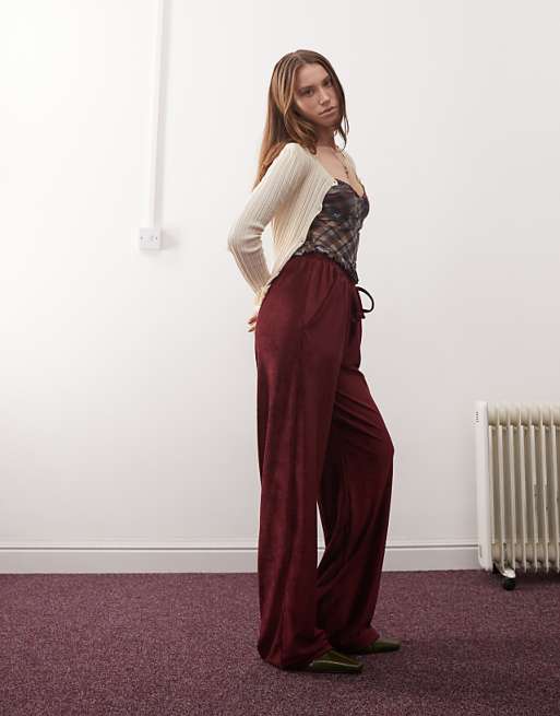 Reclaimed Vintage Wide Leg Ribbed Trouser In Burgundy