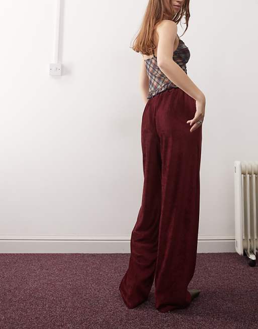 Reclaimed Vintage Wide Leg Ribbed Trouser In Burgundy