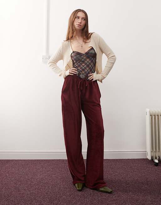 Reclaimed Vintage wide leg ribbed trouser in burgundy