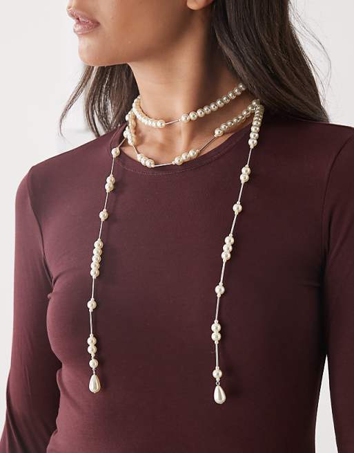 Reclaimed Vintage wraparound necklace with pearls in silver