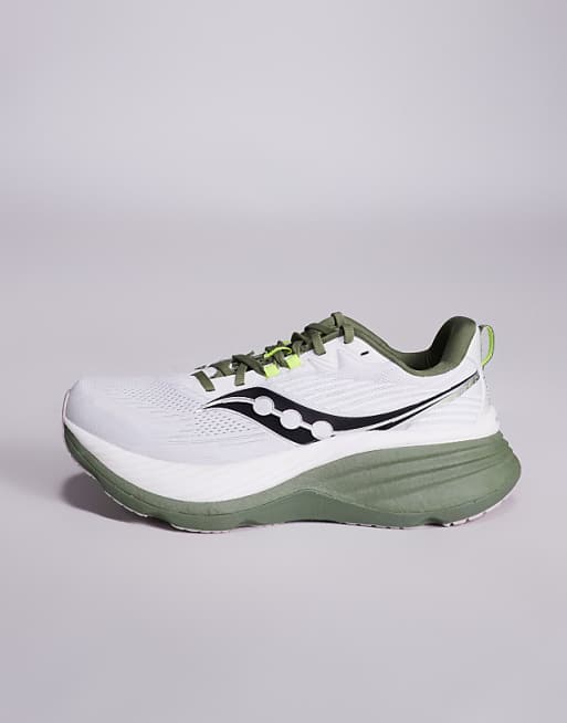 Saucony Hurricane 24 Running Trainers In White And Olivine
