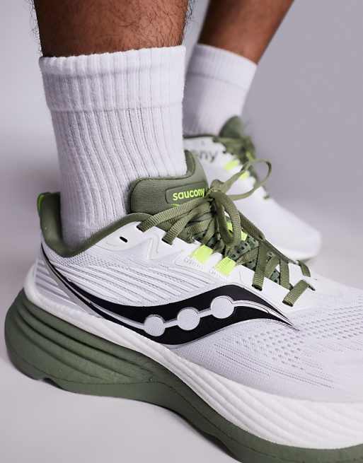 Saucony Hurricane 24 Running Trainers In White And Olivine