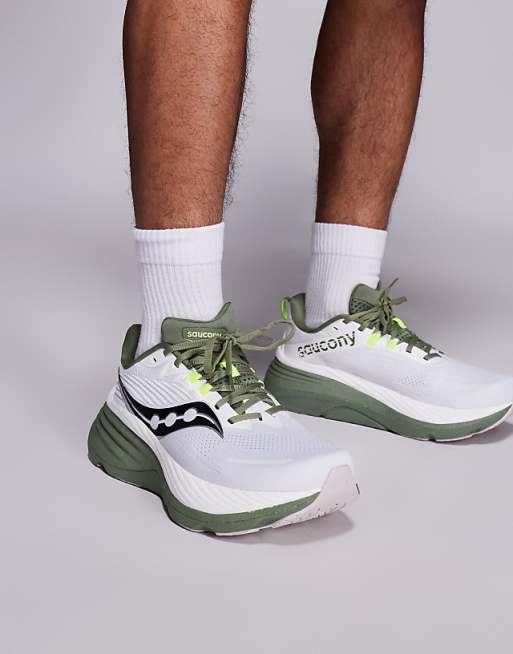 Saucony Hurricane 24 running trainers in white and olivine
