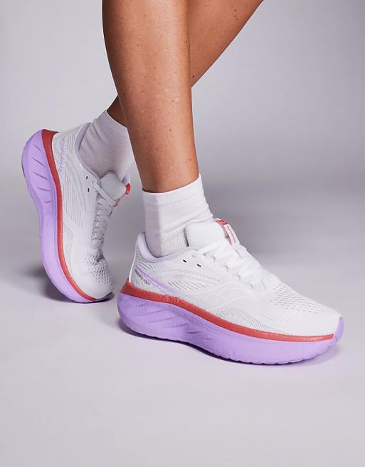 Saucony Ride 18 running trainers in white and coral