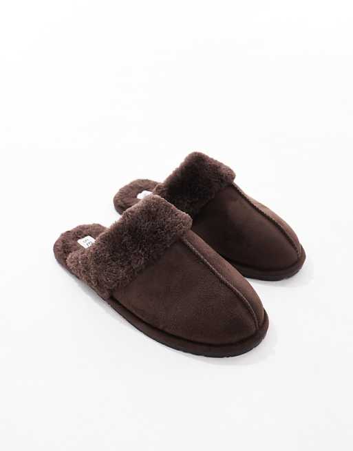 SEQWL Faux Fur Mule Slippers In Brown