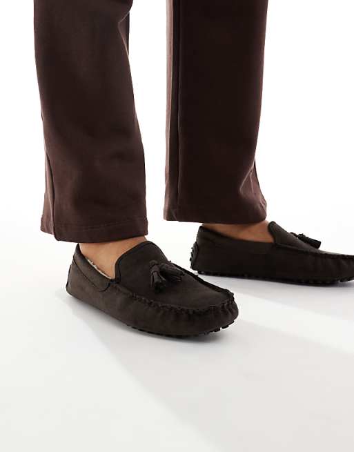 SEQWL fur lined ruched moccasins in chocolate