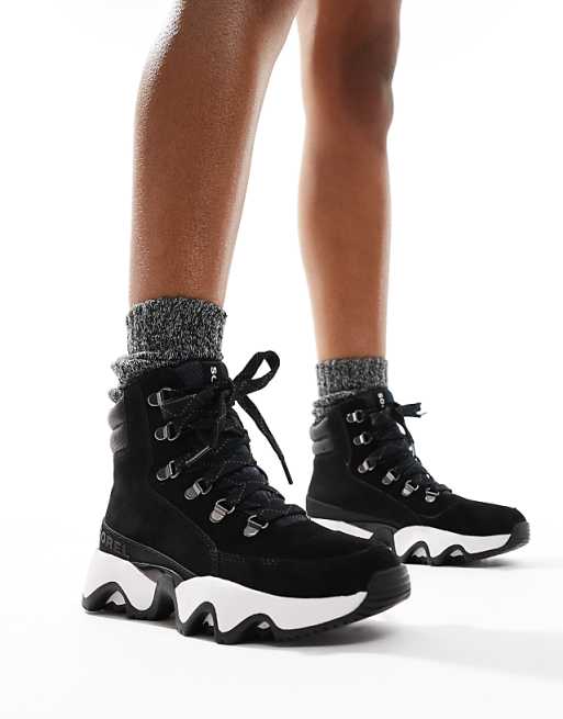 Sorel Kinetic Impact Conquest Plus WP Waterproof Suede Snow Boots In Black And Sea Salt