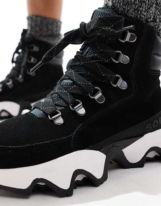 Sorel Kinetic Impact Conquest Plus WP Waterproof Suede Snow Boots In Black And Sea Salt