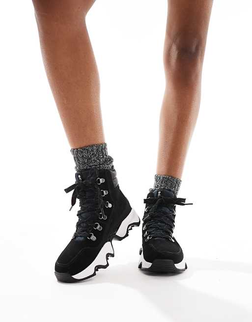 Sorel Kinetic Impact Conquest Plus WP Waterproof Suede Snow Boots In Black And Sea Salt