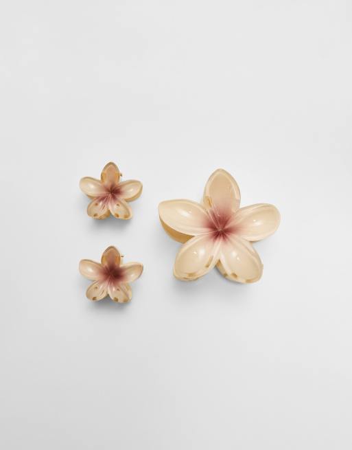 Stradivarius 3 Pack Floral Hair Clips In Ecru