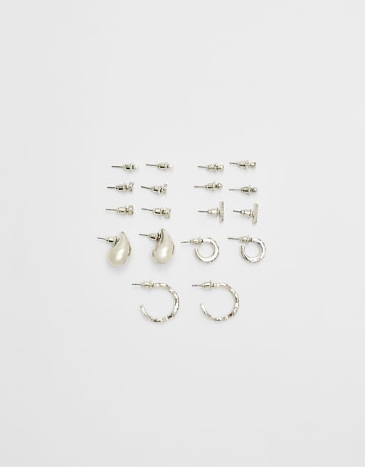 Stradivarius 9 pack of mini teardrop earrings in silver