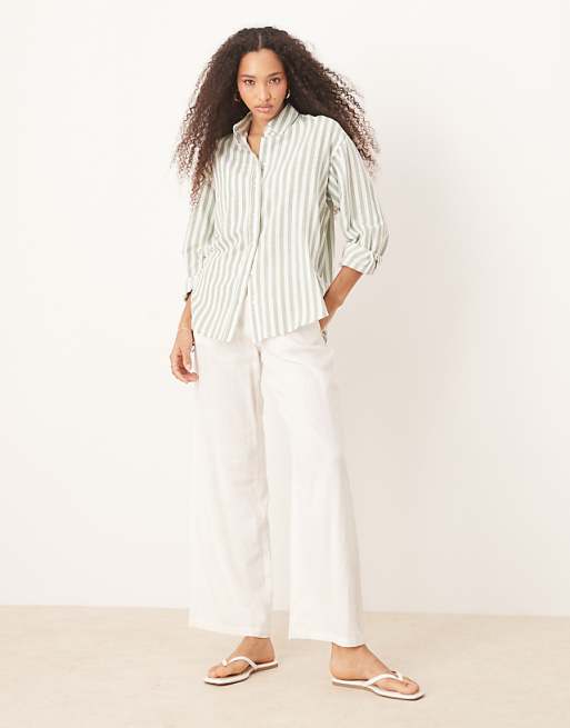 Stradivarius Linen Look Long Sleeve Shirt In Light Green Stripe